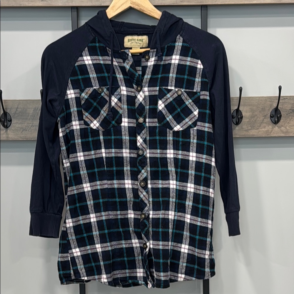 Blue Plaid Button-Up Hoodie by